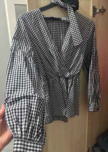 Gri Ekose Desenli Hamile Bluzu - Görsel 4