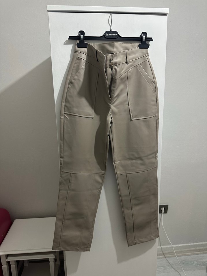 Bej Deri Kemerli Midi Kadın Pantolon - Görsel 2