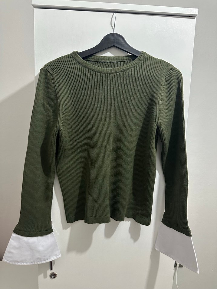 Kadın Haki Triko Sweatshirt Beyaz Manşet Detaylı - Görsel 2