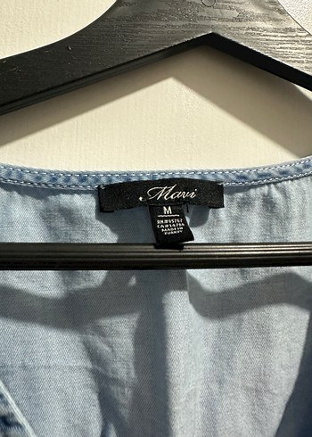 Kadın Mavi Denim V Yaka Düğmeli Gömlek - Görsel 3