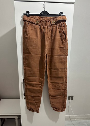 Kahverengi Kemerli Kadın Keten Pantolon - Görsel 2