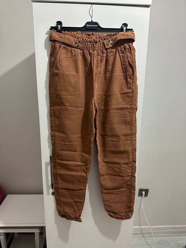 Kahverengi Kemerli Kadın Keten Pantolon - Görsel 2