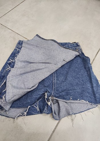 Kadın mavi Kot Pileli Mini kot şort Etek - Görsel 4