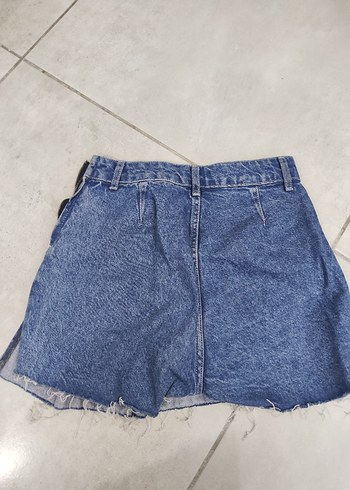 Kadın mavi Kot Pileli Mini kot şort Etek - Görsel 3