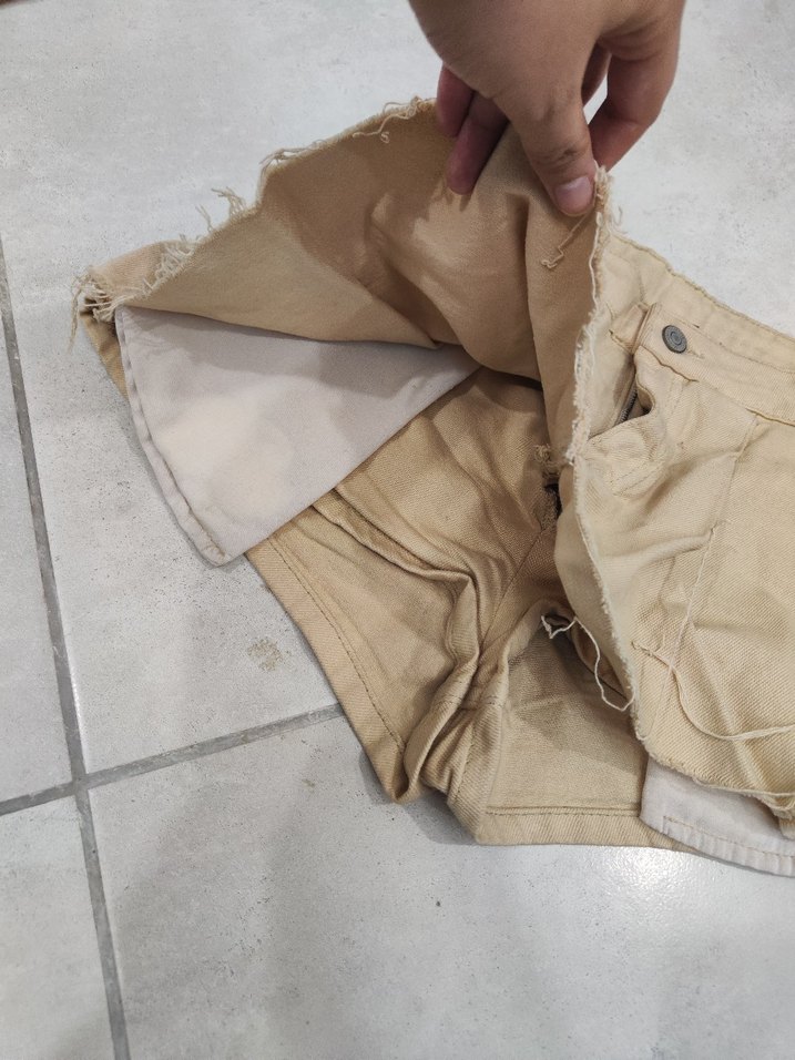 Bej krem rengi Kadın Mini Kot Şort - Görsel 4