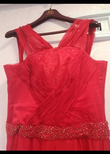 Nar çiçeği uzun Drapeli Abiye Elbise - Görsel 4