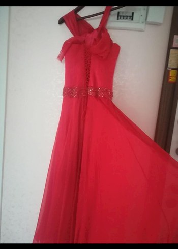 Nar çiçeği uzun Drapeli Abiye Elbise - Görsel 7