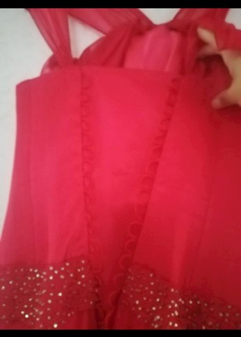 Nar çiçeği uzun Drapeli Abiye Elbise - Görsel 5