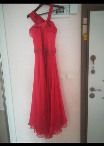 Nar çiçeği uzun Drapeli Abiye Elbise - Görsel 3