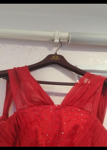 Nar çiçeği uzun Drapeli Abiye Elbise - Görsel 8