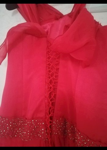 Nar çiçeği uzun Drapeli Abiye Elbise - Görsel 6