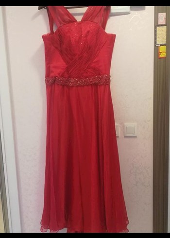 Nar çiçeği uzun Drapeli Abiye Elbise - Görsel 2