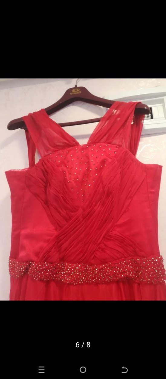 Nar çiçeği uzun Drapeli Abiye Elbise - Görsel 4