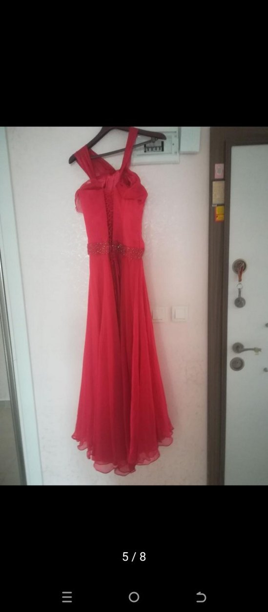 Nar çiçeği uzun Drapeli Abiye Elbise - Görsel 3