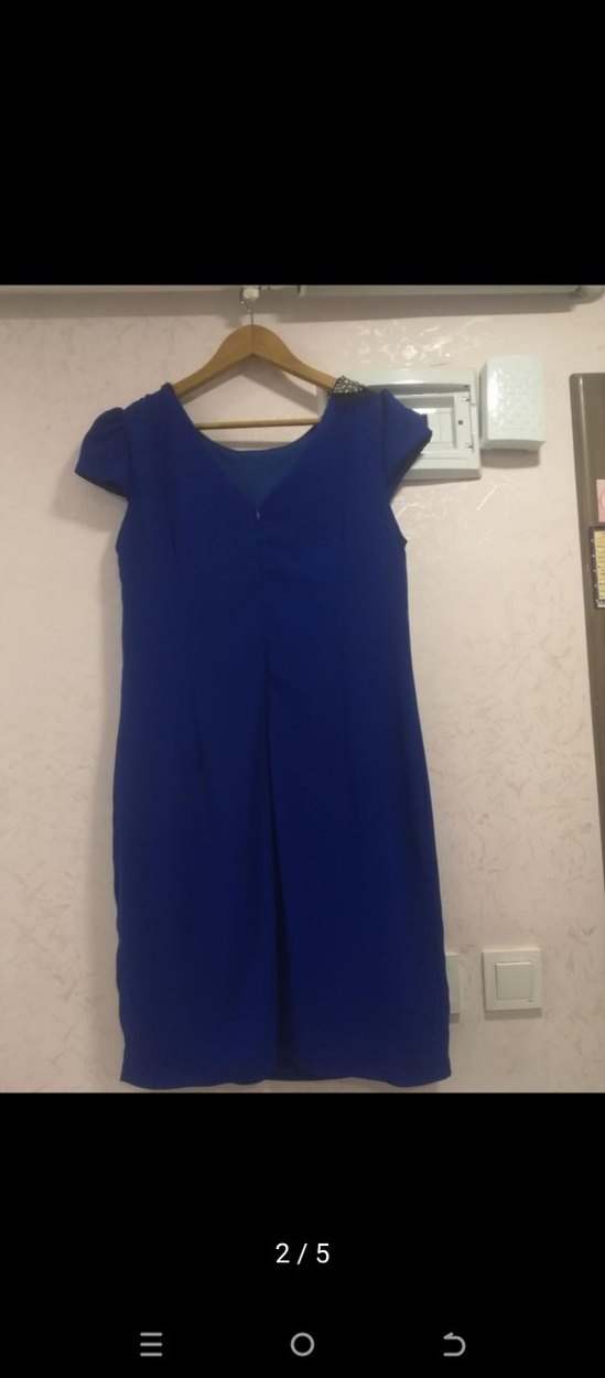 Boncuk İşlemeli Yakalı saks mavisi midi elbise - Görsel 2