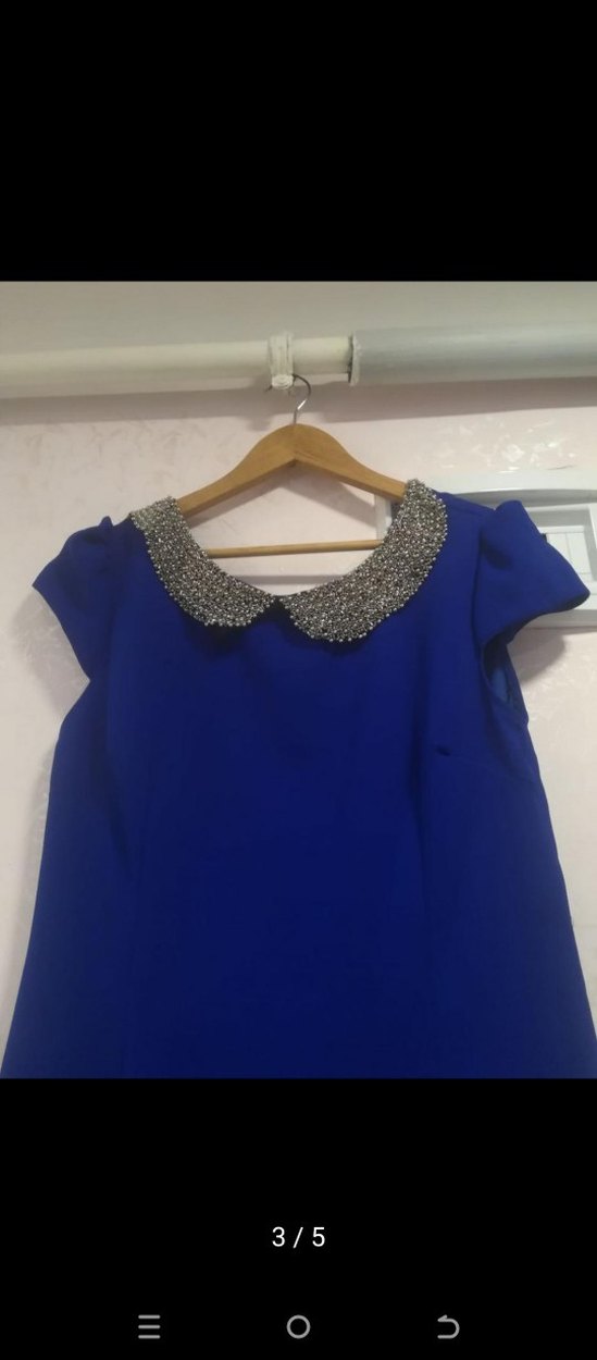 Boncuk İşlemeli Yakalı saks mavisi midi elbise - Görsel 3