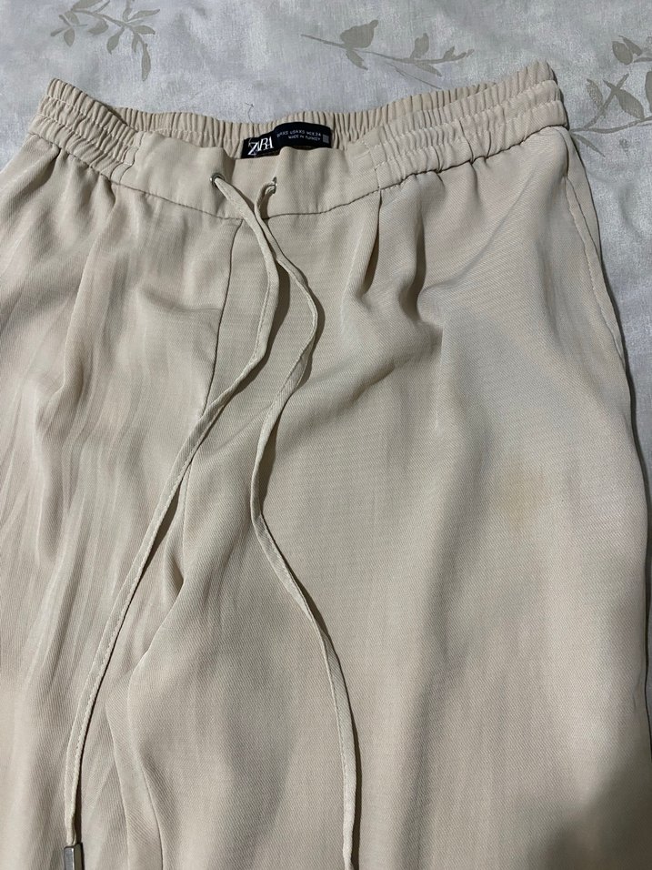 Bej Keten Midi Kadın Havuç Pantolon - Görsel 3