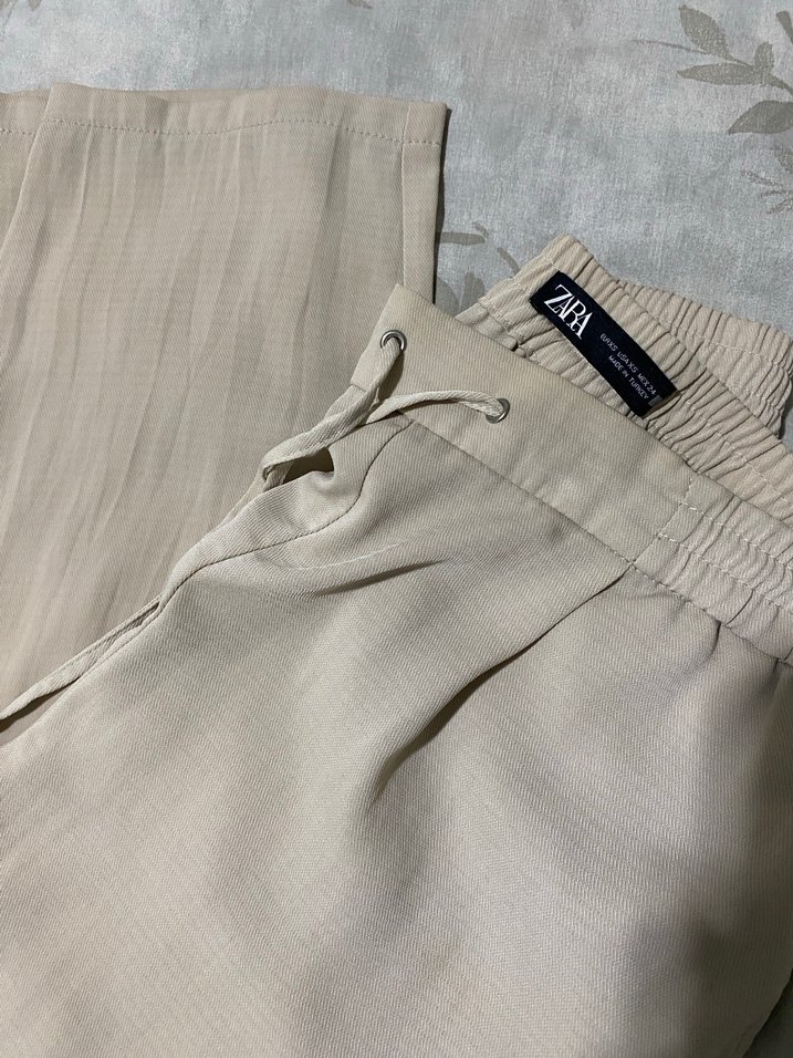 Bej Keten Midi Kadın Havuç Pantolon - Görsel 2