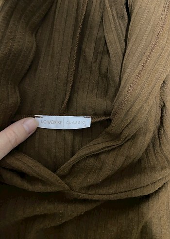 Kahverengi Uzun Kollu Triko kapüşonlu fitilli tunik - Görsel 2