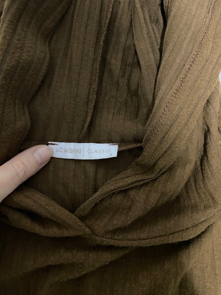 Kahverengi Uzun Kollu Triko kapüşonlu fitilli tunik - Görsel 2