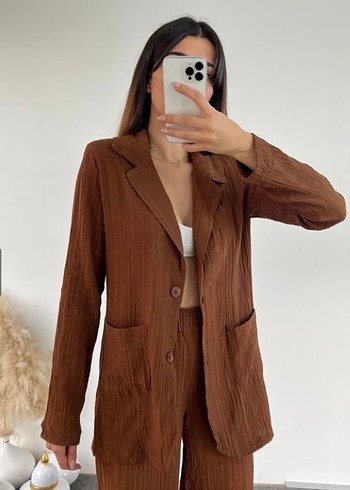 Kahverengi Tesettür Gofre Kadın Ceket Pantolon İkili Takım - Görsel 2