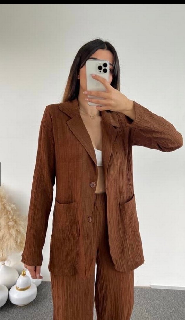 Kahverengi Tesettür Gofre Kadın Ceket Pantolon İkili Takım - Görsel 2