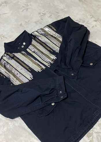 Navy İşlemeli Düğmeli Keten Kadın Denim Ceket - Görsel 2