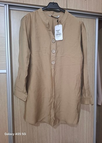 Bej Düğmeli Kadın Keten Tunik