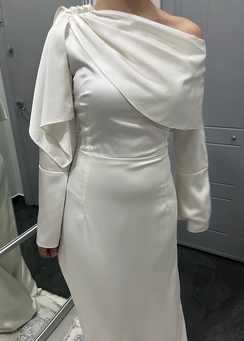 Drapeli Beyaz Uzun Abiye Elbise - Görsel 9