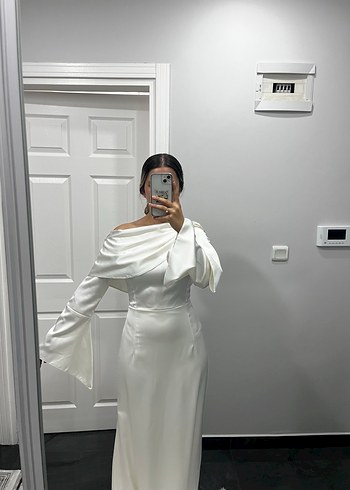 Drapeli Beyaz Uzun Abiye Elbise - Görsel 8