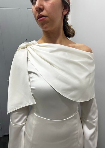 Drapeli Beyaz Uzun Abiye Elbise - Görsel 6