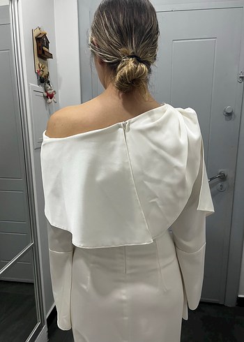 Drapeli Beyaz Uzun Abiye Elbise - Görsel 5