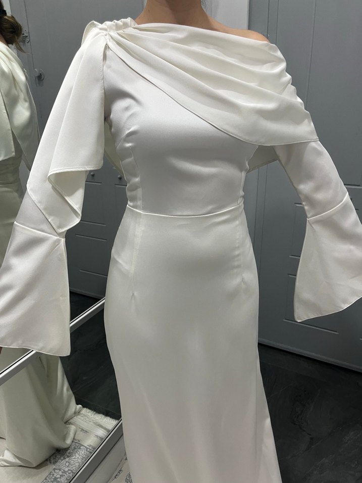 Drapeli Beyaz Uzun Abiye Elbise - Görsel 4