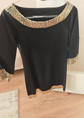 Altın Payet Detaylı Siyah Mini Elbise - Görsel 2