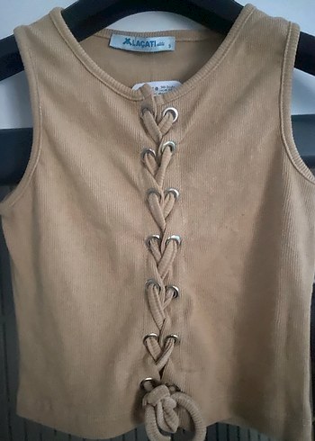 Bej Süet Düğmeli Kız Çocuk Halter Yelek - Görsel 2