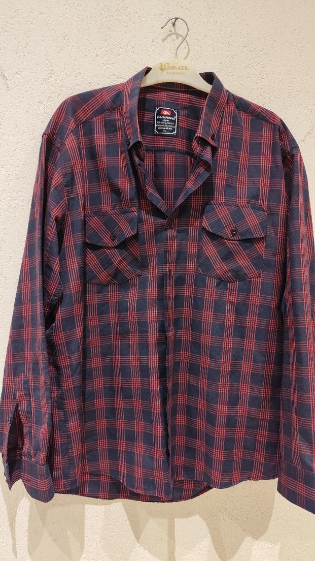 Düğmeli kırmızı Kareli  Gömlek - Görsel 2