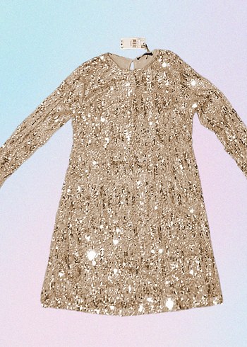 Altın Renk Parlak Payetli Midi Kokteyl Elbise - Görsel 3