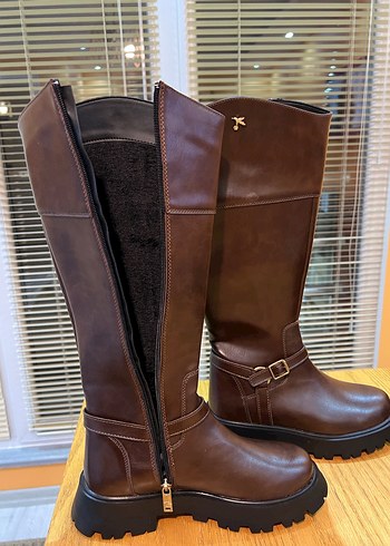 Fabrika Kahverengi Deri Tokalı Dizüstü Kadın Botu - Görsel 3