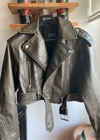 Zara Haki Biker Deri Ceket