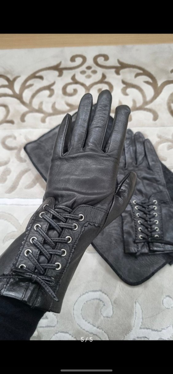 Siyah Gerçek Deri Gotik Kadın Eldivenleri - Görsel 5