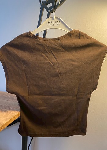 Kahverengi Kadın Keten Tişört Crop - Görsel 3