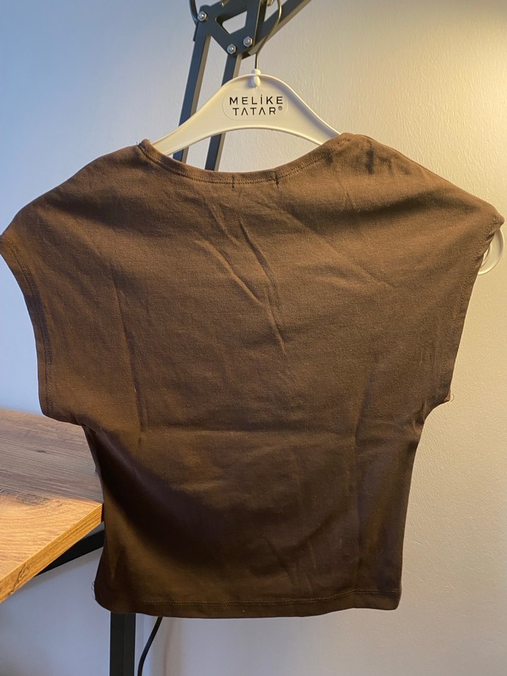 Kahverengi Kadın Keten Tişört Crop - Görsel 3