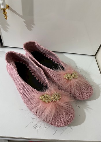 Pembe Kürk Detaylı Örgü Terlik - Görsel 5