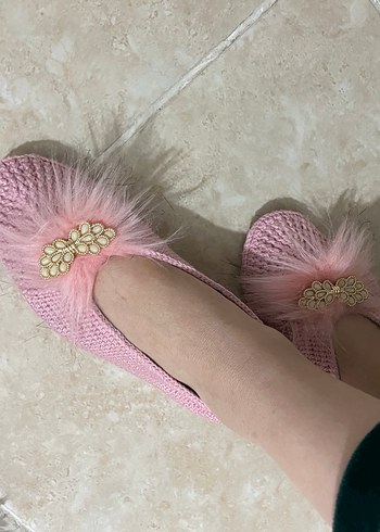 Pembe Kürk Detaylı Örgü Terlik - Görsel 3