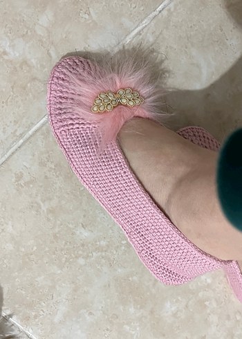 Pembe Kürk Detaylı Örgü Terlik - Görsel 2