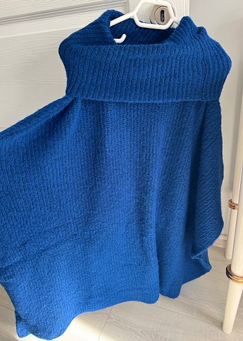 Mavi Boğazlı Örgü Kadın panço - Görsel 3