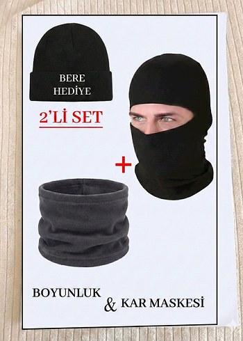 Siyah Bere ve Boyunluk & Kar Maskesi Seti - Görsel 2