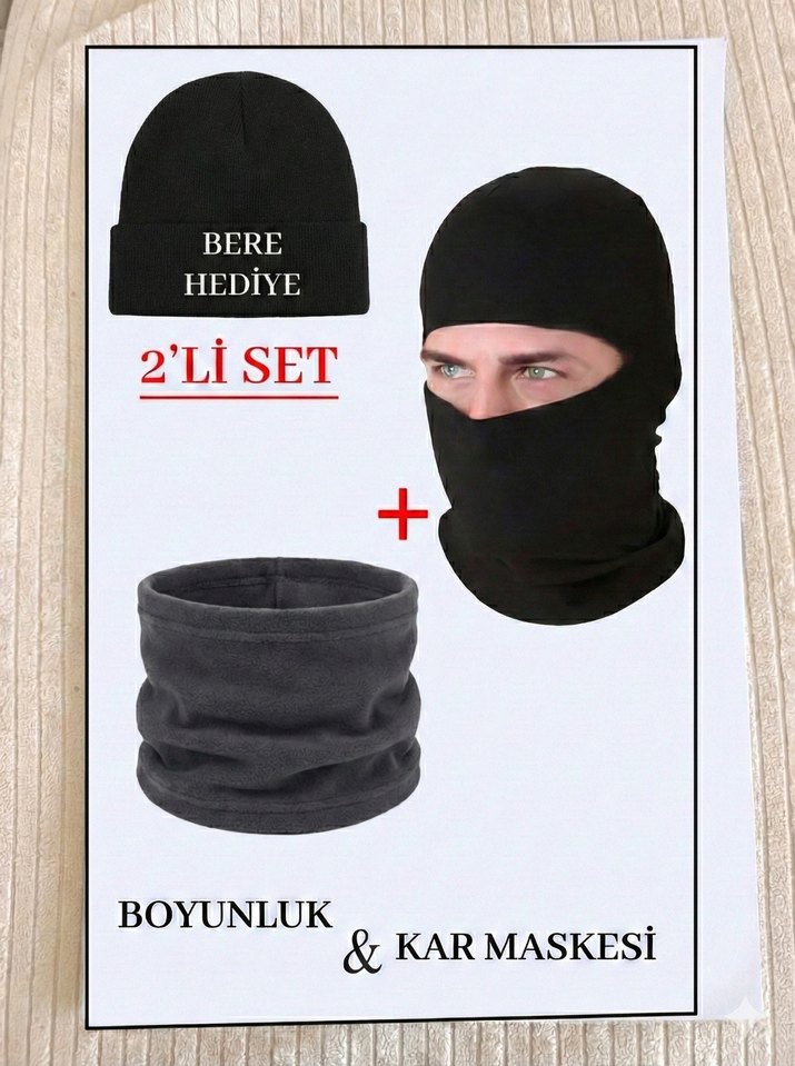 Siyah Bere ve Boyunluk & Kar Maskesi Seti - Görsel 2