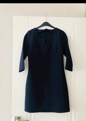 Lacivert V Yakalı kısa Ofis Elbisesi - Görsel 4