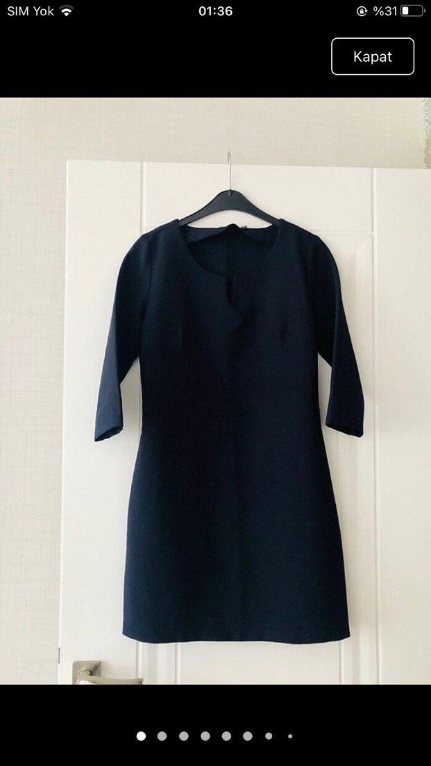 Lacivert V Yakalı kısa Ofis Elbisesi - Görsel 4